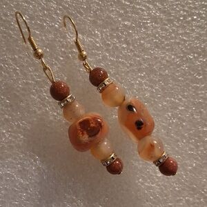 Gold and Brown Dangle Earrings with Textured Beads